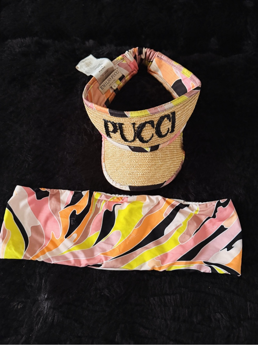Authentic pucci Multicolor Straw Visor - Pink, Yellow & Black w / matching top